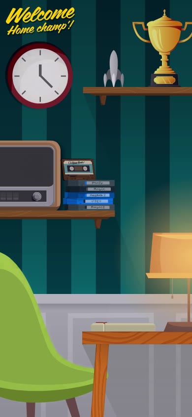 Mobile app screens in a retro illustrated style: a living room, an achievements list and cassette tapes used to pick a mission
