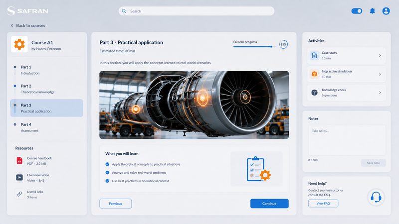 Course page of the prototype with a jet engine photo, progress and activities