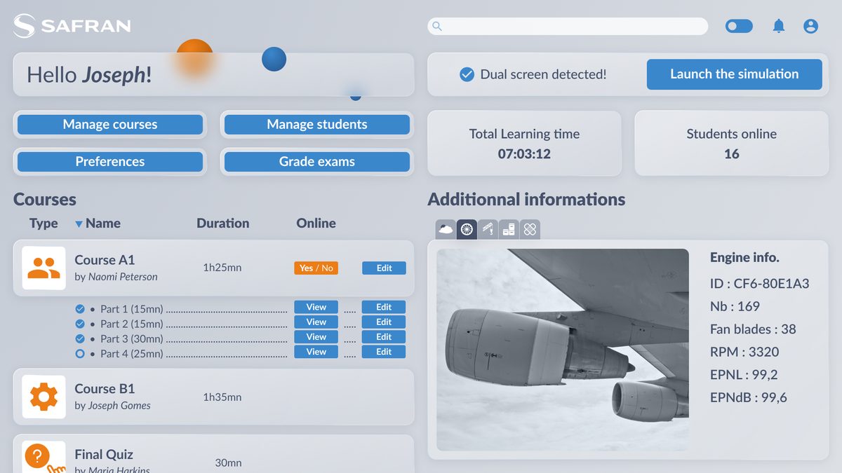 Trainer dashboard of the prototype: courses, students online and engine information