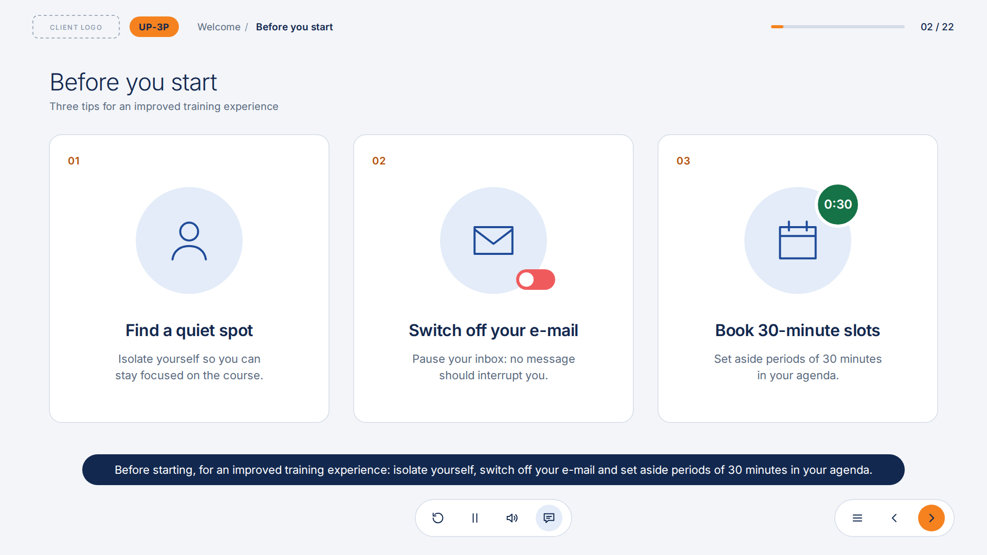 2026 redesign: three illustrated tips: isolate yourself, switch off your e-mail, book 30 minutes