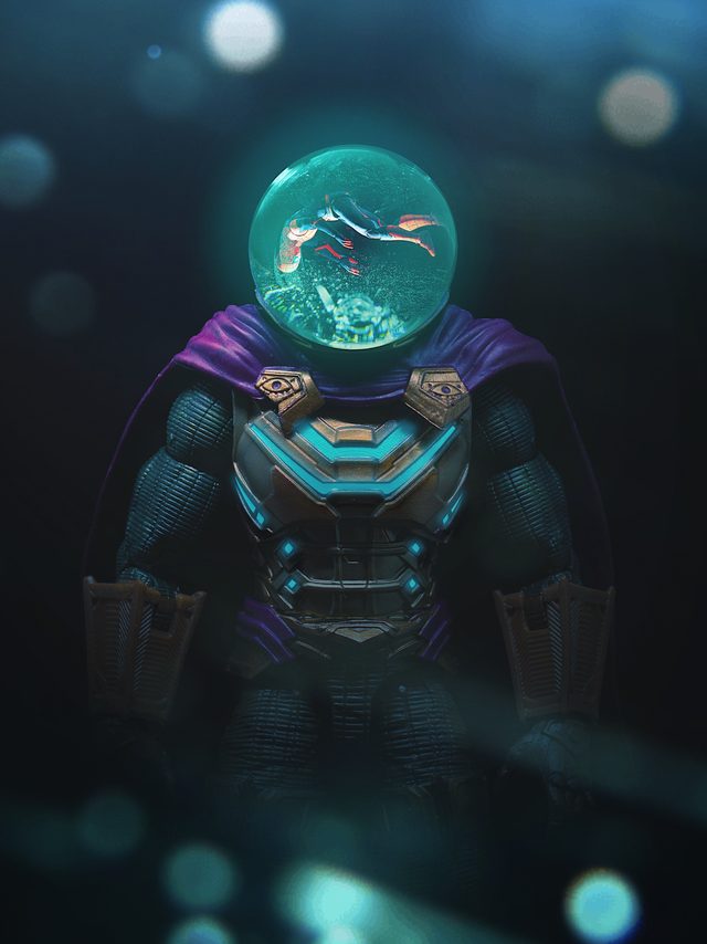 An armored figure whose glass-dome helmet contains tiny swimmers, surrounded by teal bokeh